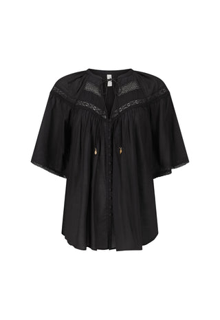 a-black-short-sleeve-blouse-with-a-gathered-pleated-front-lace-trim-details-at-the-shoulders-and-small-gold-toned-decorative-accents-shown-against-a-plain-white-background